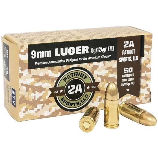 Patriot Sports Brass Handgun Ammunition 9mm Luger 124gr FMJ 1148 fps 1000rd (20-50rd Box) - Patriot Sports