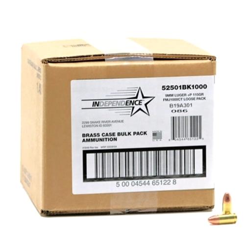 CCI Independence Brass Handgun Ammunition 9mm Luger (+P) 115 gr FMJ 1300 fps 1000/ct (Bulk) - CCI