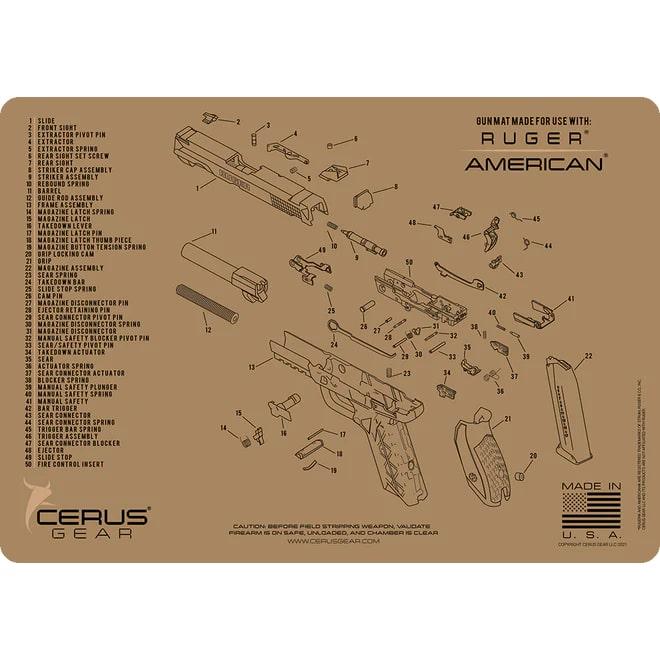 Cerus Gear Ruger American Handgun Schematic Cleaning Mat 12x17 Coyote Brown - Cerus Gear