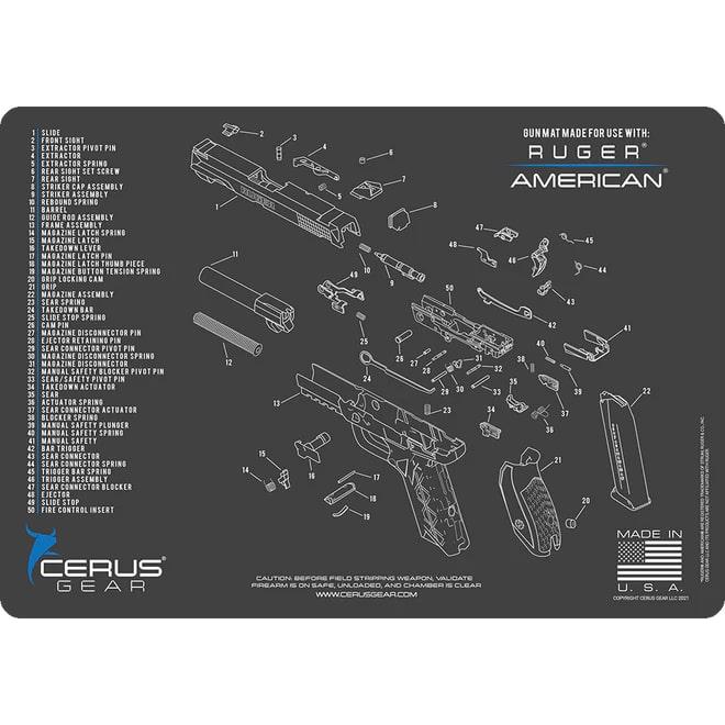 Cerus Gear Ruger American Handgun Schematic Cleaning Mat 12x17 Grey and Blue - Cerus Gear