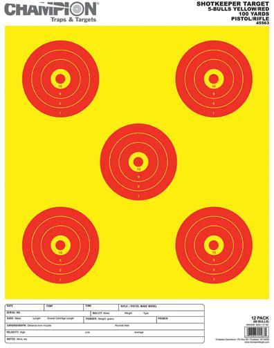 Champion Shotkeeper Targets Yellow & Red  5 Bull, Large, 12/Pack - Champion