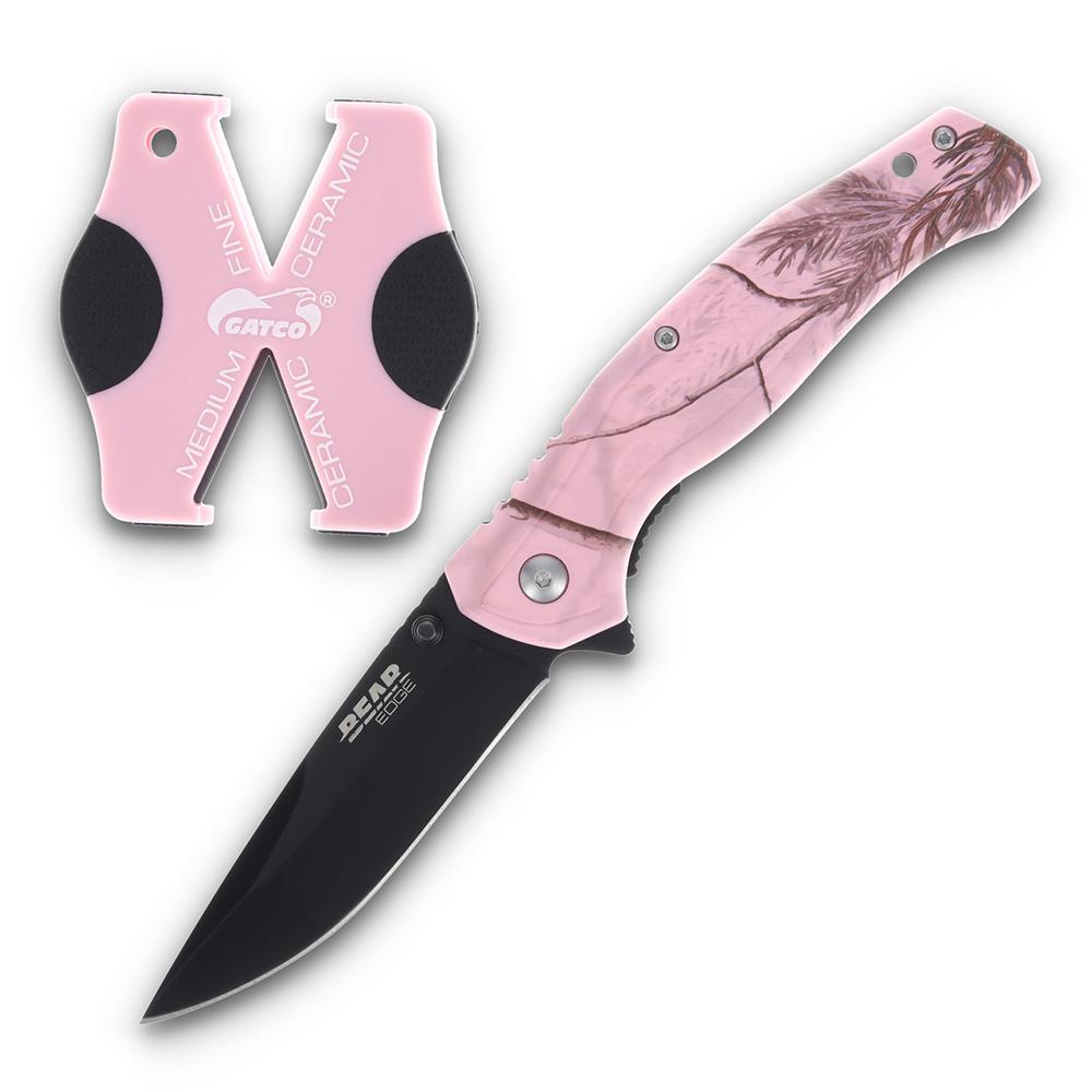 Bear & Son Edge Brisk 2.0 Folding Knife & Sharpener Combo Drop Point Blade Pink Camo - Bear & Son