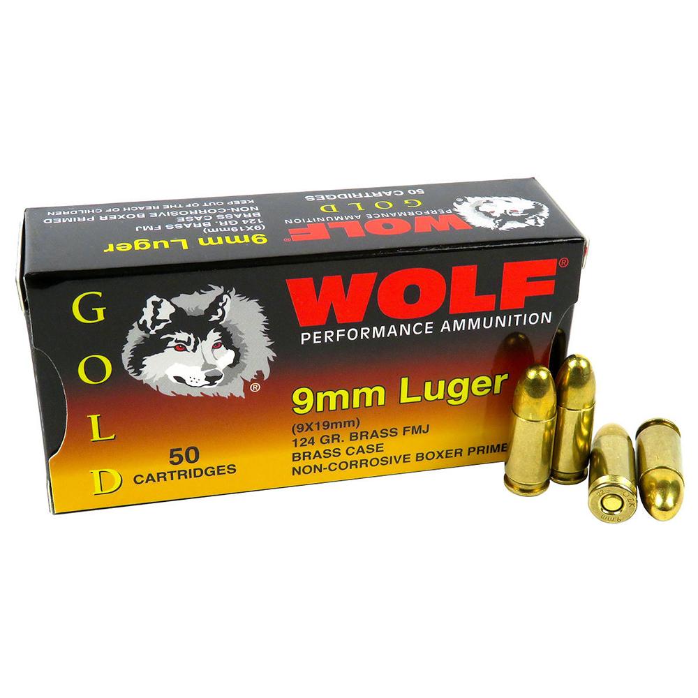 Wolf (Turkish) Gold Handgun Ammunition 9mm Luger 124gr FMJ 50/ct - Wolf