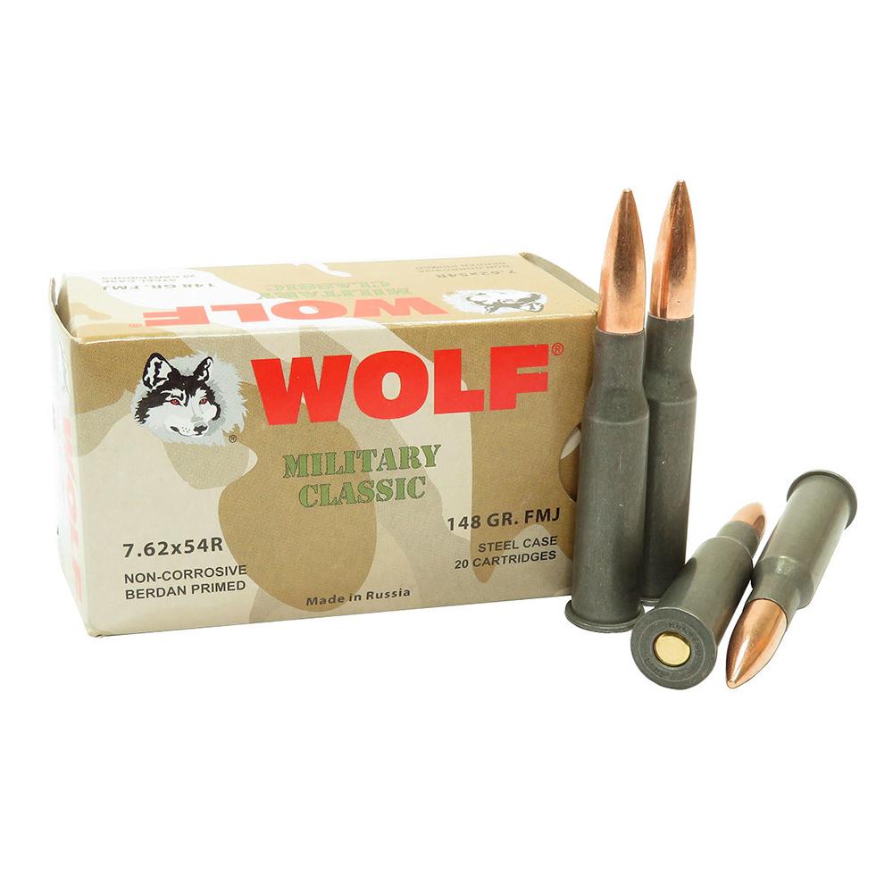 Wolf Military Classic Rifle Ammunition 7.62x54R 148gr FMJ  2740 fps 20/ct - Wolf