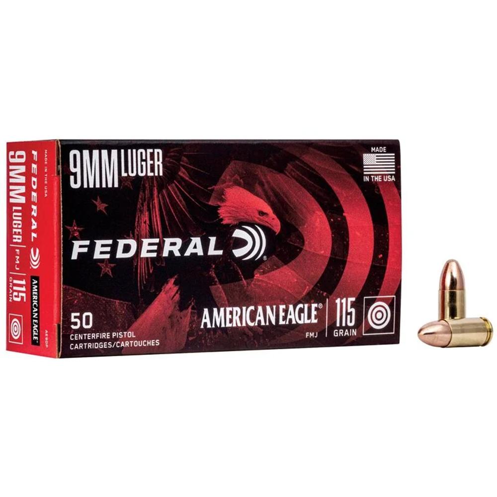 American Eagle Handgun Ammunition 9mm Luger 115 gr FMJ 1180 fps 1000/ct Case - Federal Ammo