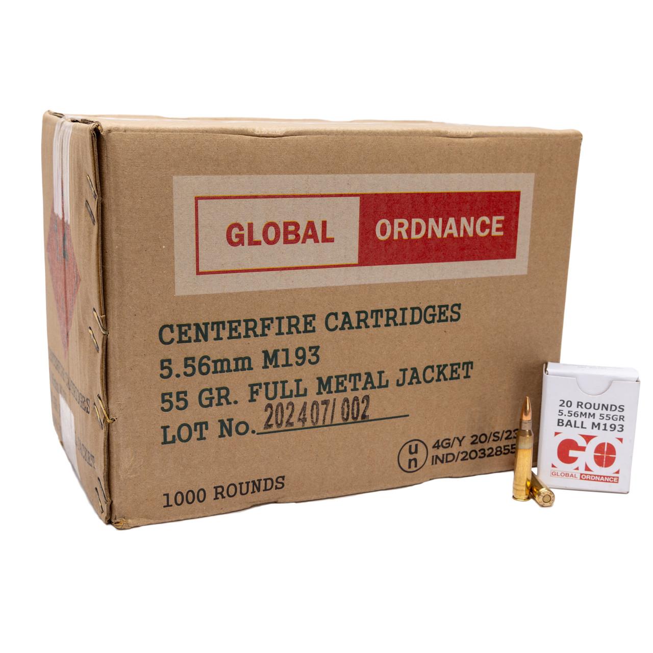 Global Ordnance M193 Rifle Ammunition 5.56mm 55gr FMJ 3162 fps 1000/ct Case (50-20/ct Boxes) - Global Ordnance
