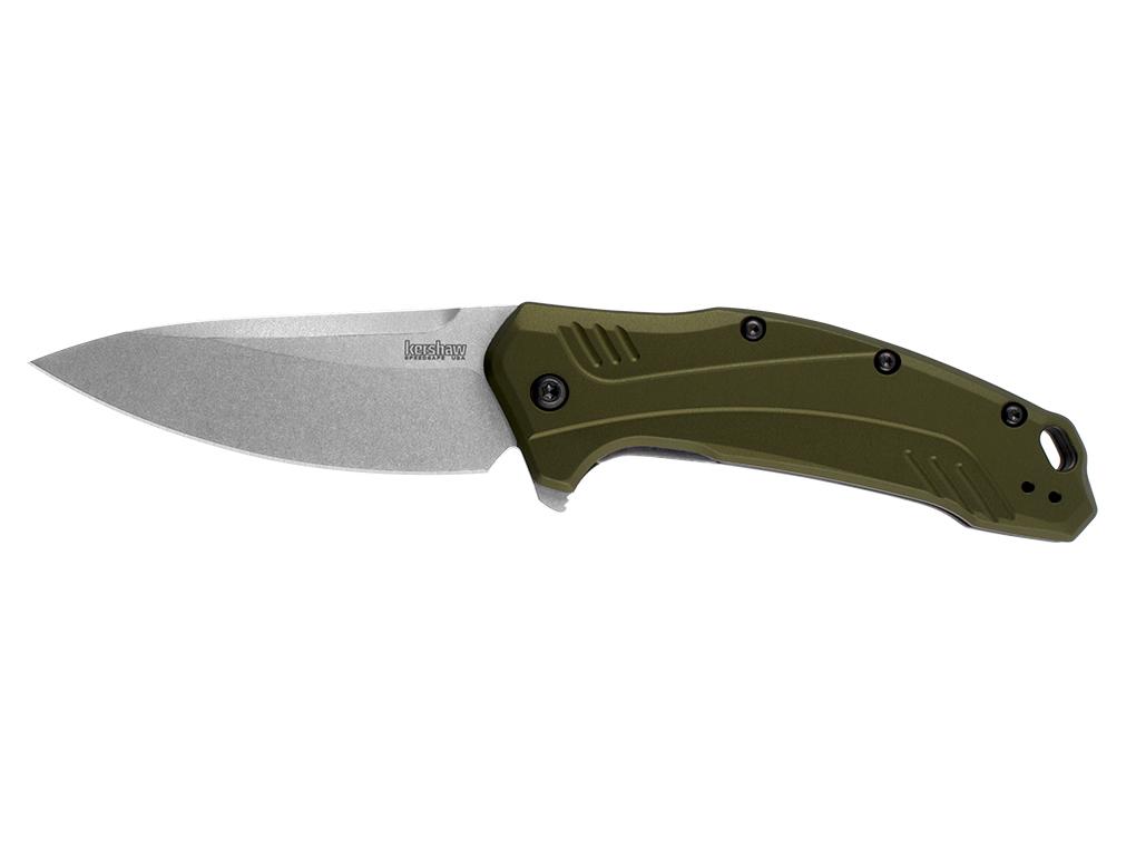 Kershaw Link Drop Point Knife Olive Aluminum (3.25" Stonewash 20CV) - Kershaw