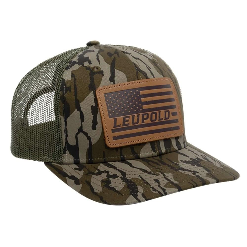 Leupold Leather Flag Trucker Hat Mossy Oak Bottomland Camo/Green - Leupold