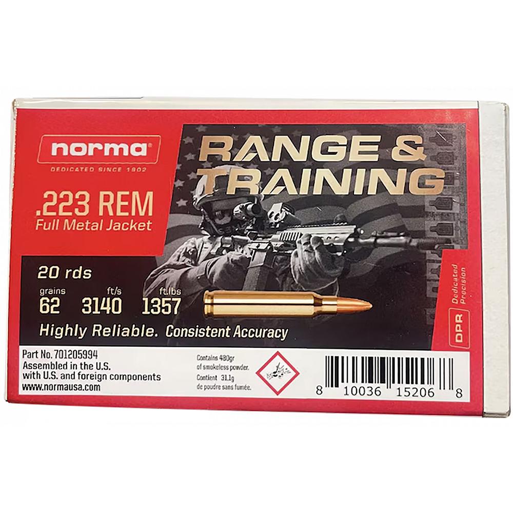 Norma Range & Training Rifle Ammunitioin .223 Rem 62 gr FMJ 3140 fps 1000/ct Case - Norma