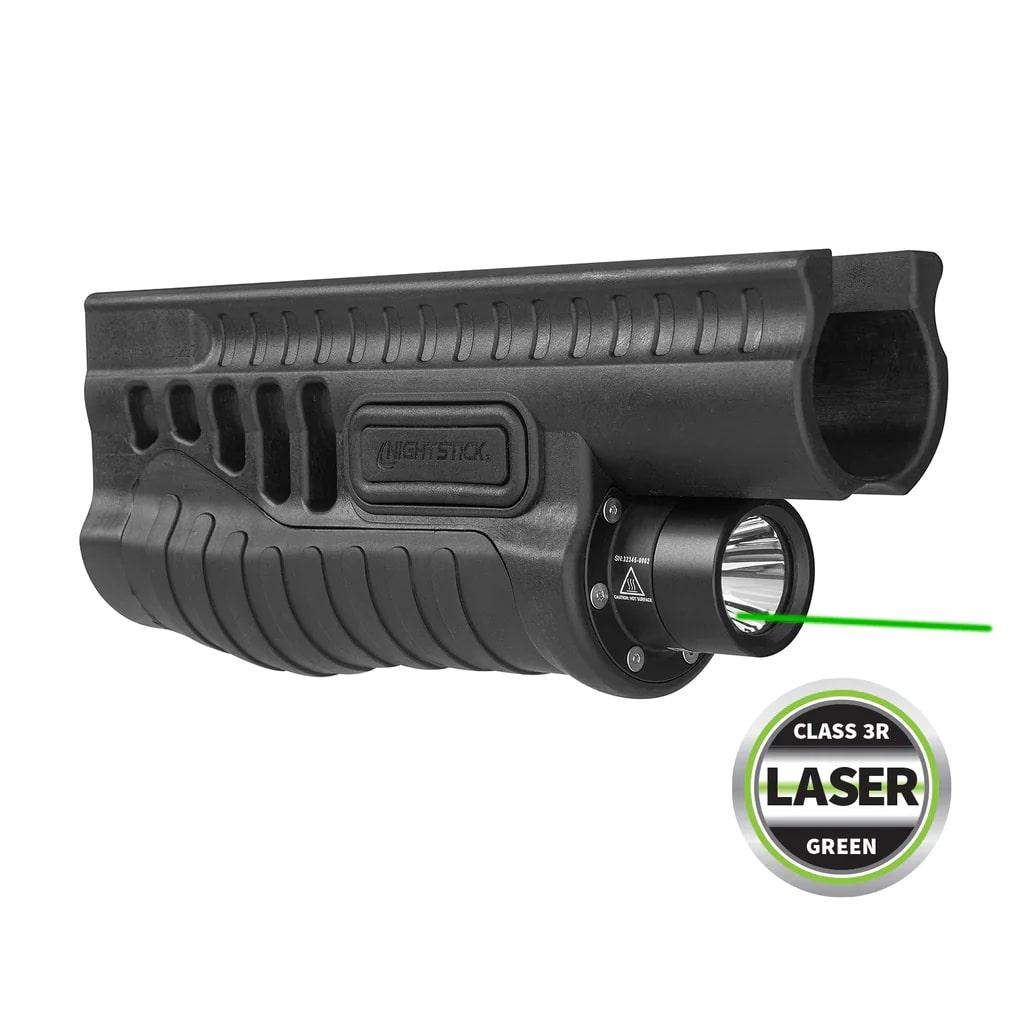 Nightstick Shotgun Forend Light with Green Laser Black for Mossberg 500/590/590A1/Shockwave 1200 Lumens - NightStick