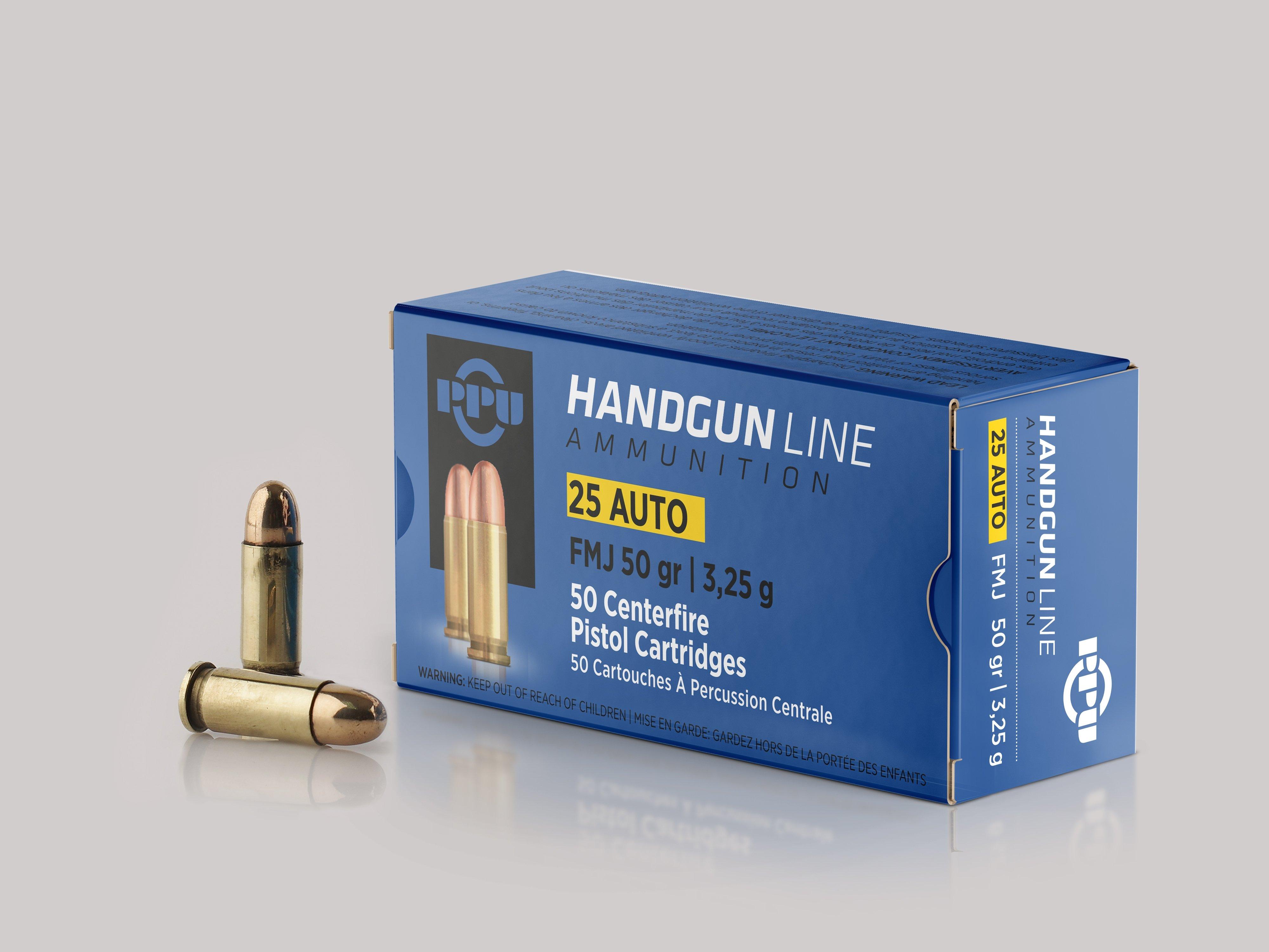 PPU Handgun Ammunition .25 ACP 50 gr FMJ 771 fps 50/ct - PPU