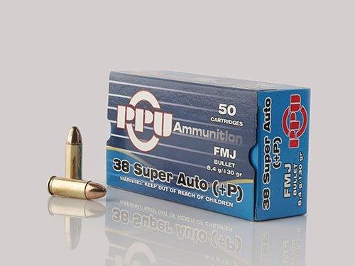 PPU Handgun Ammunition .38 Super Auto+P 130 gr FMJ 1213 fps 50/ct - PPU