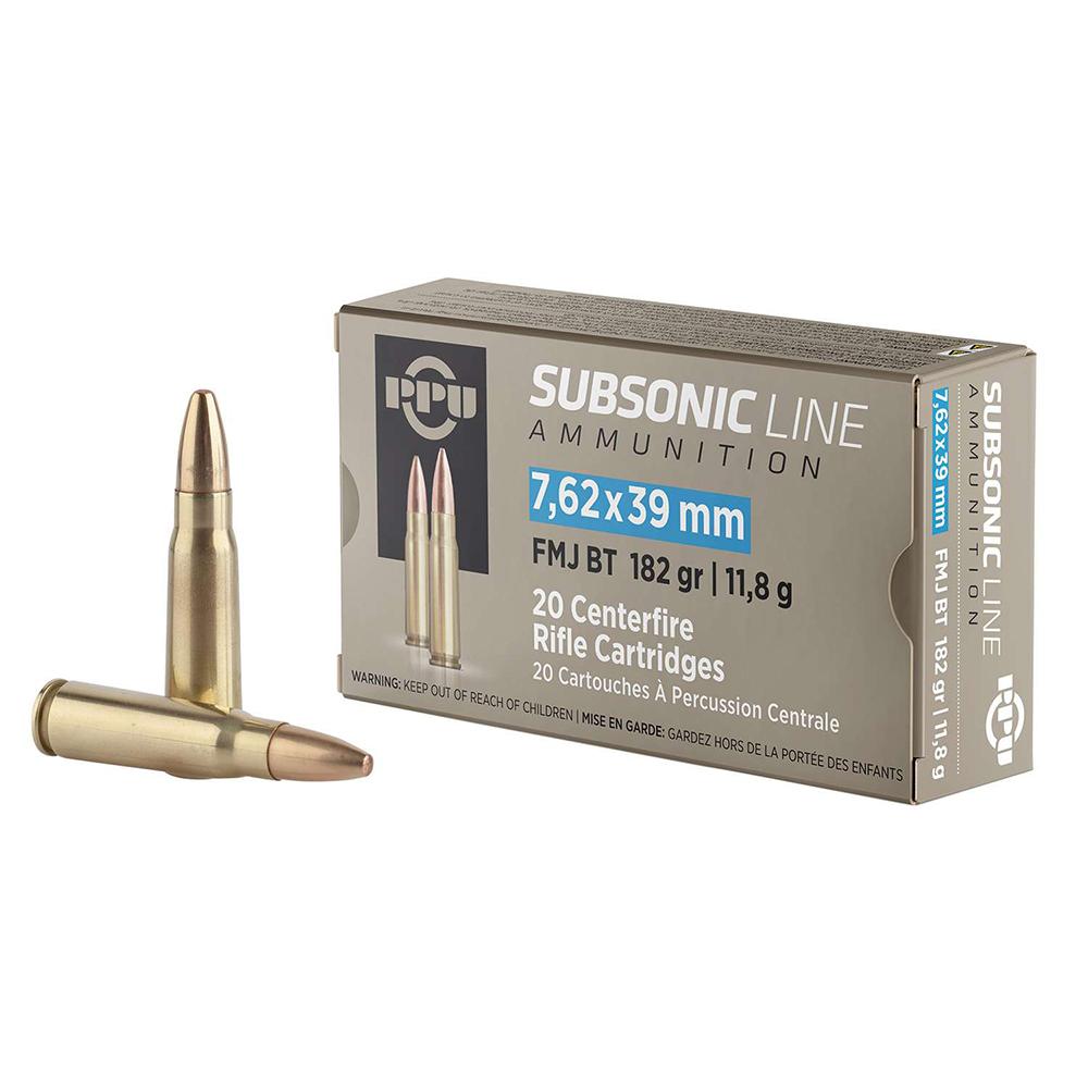 PPU Subsonic Rifle Ammunition 7.62x39mm 182gr FMJ 1033 fps 20/ct - PPU