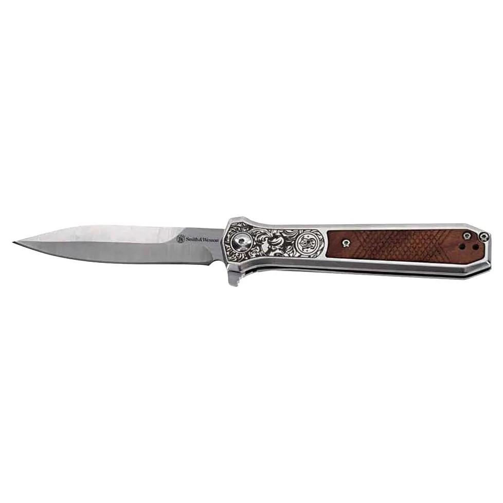 Smith & Wesson KT Unwavered Spring Assist Folding Knife 3-1/5" Dagger Blade Silver with Brown - Smith & Wesson