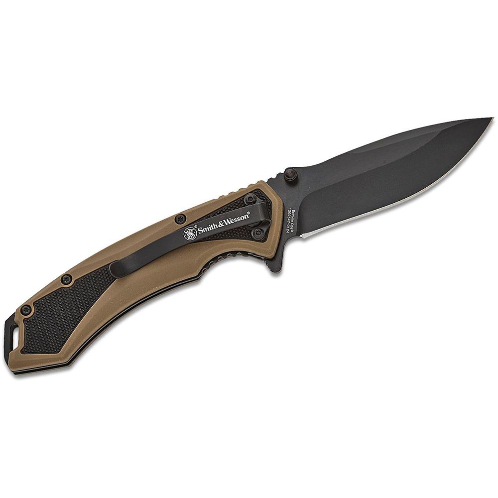 Smith & Wesson Extreme Ops Spring Assist Folding Knife 3-1/4" Drop Point Blade Black Tan - Smith & Wesson