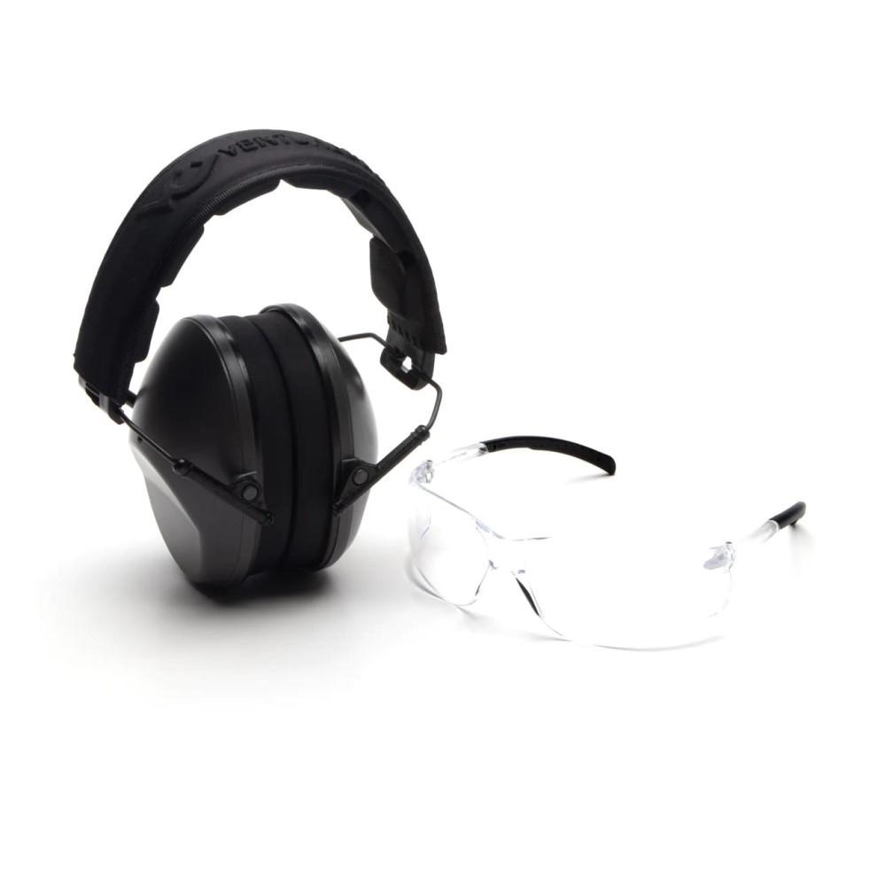 Pyramex Low Profile Combo Kit Passive Black Ear Muff 24dB Clear Shooting Glasses Clear with Clear Lens - Pyramex Safety