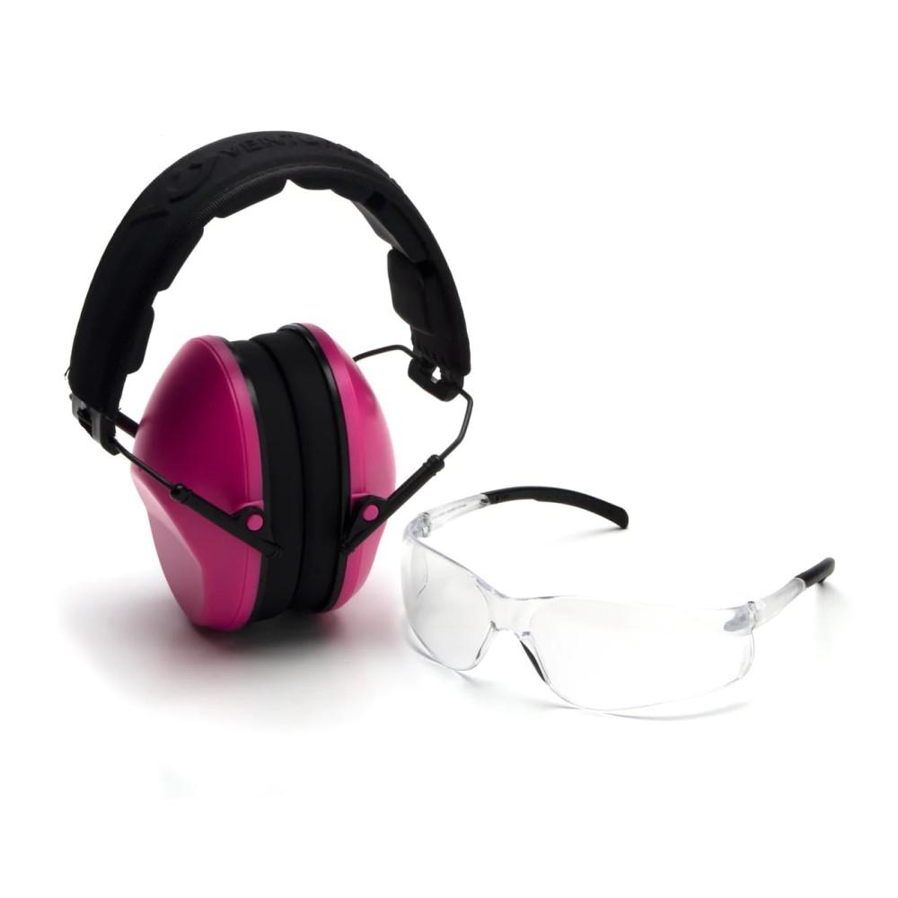 Pyramex Low Profile Combo Kit Passive Pink Ear Muff 24dB Clear Shooting Glasses Clear with Clear Lens - Pyramex Safety