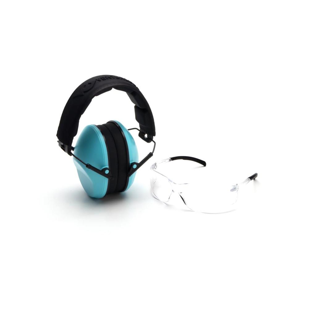 Pyramex Low-Profile Combo Kit Clear Shooting Glasses and Passive Earmuff 24dB Powder Blue - Pyramex Safety