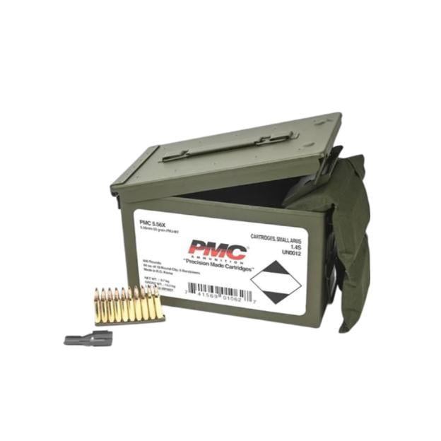 PMC Rifle Ammunition 5.56mm 55 gr FMJ 3270 fps 840/ct W/Bandoleer 840 Metal Box (2-Metal Boxes 1680/ct Total) - PMC