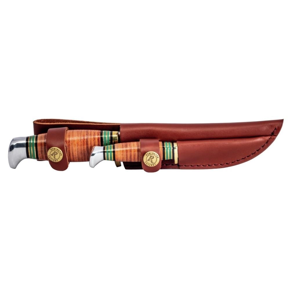 Remington Stacked Leather Piggy Back Knife Set Fixed Blade with Brown Leather Sheath - Remington