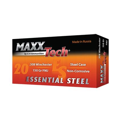 Maxxtech Essential Steel Rifle Ammunition .308 Win 150 gr FMJ 2800 fps 20/ct - MaxxTech