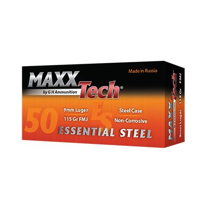 Maxxtech Essential Steel Handgun Ammunition 9mm Luger 115 gr FMJ 1150 fps 1000/ct Case (20-50rd Boxes) - MaxxTech