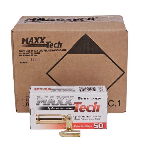 MAXXTech Handgun Ammunition 9mm Luger 124gr FMJ 1126 fps 1000/ct (20-50/ct Boxes) - MaxxTech