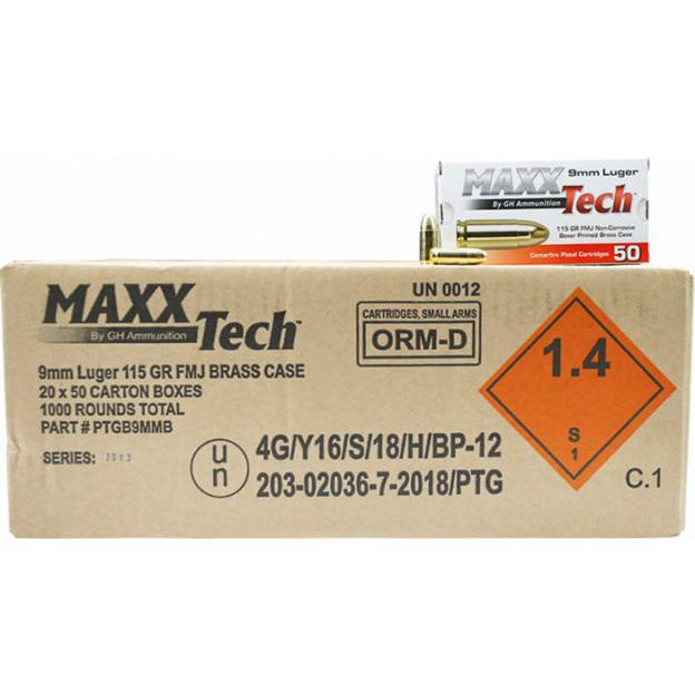 MaxxTech Handgun Ammunition 9mm Luger 115 gr FMJ 1150 fps 1000/ct (20 Boxes 50/ct) - MaxxTech
