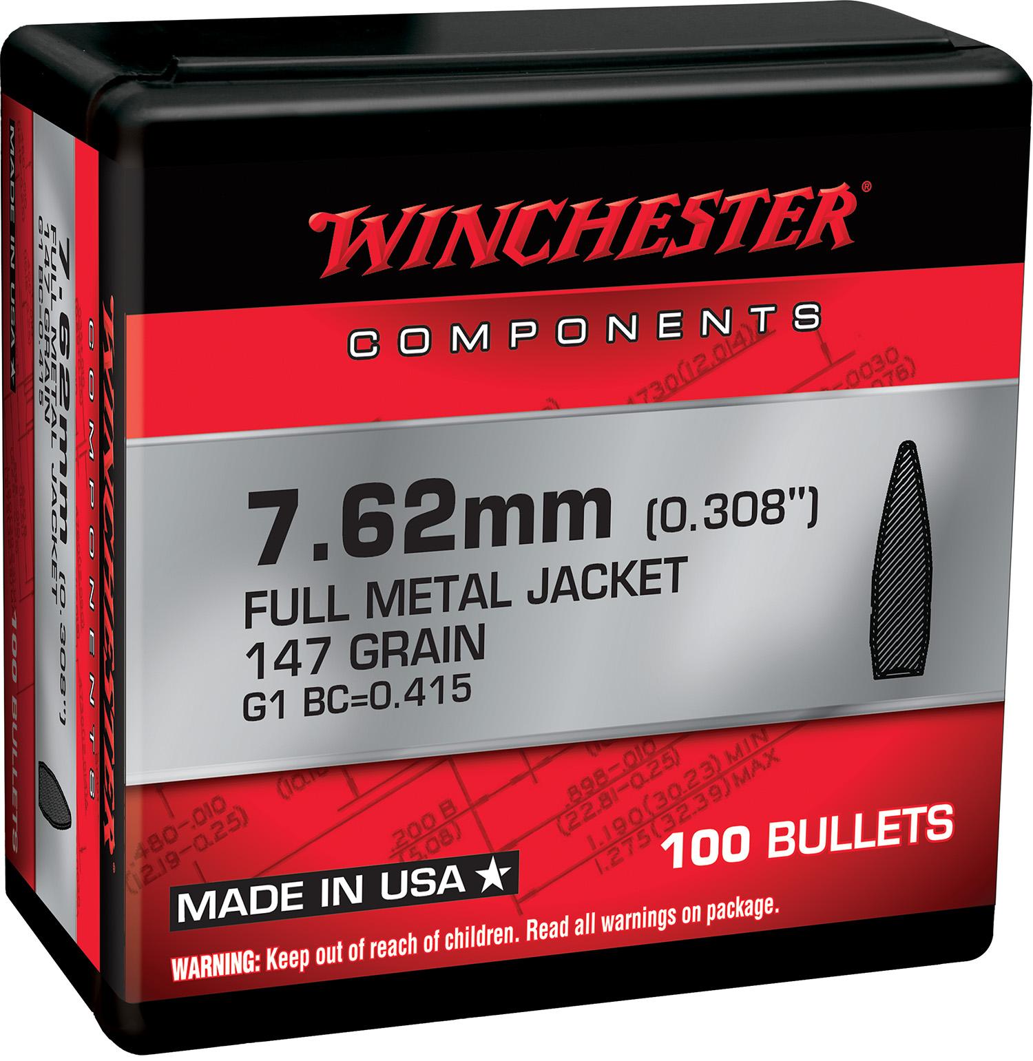 Winchester FMJBT Bullets 7.62mm .308" 147gr 100/ct - Winchester