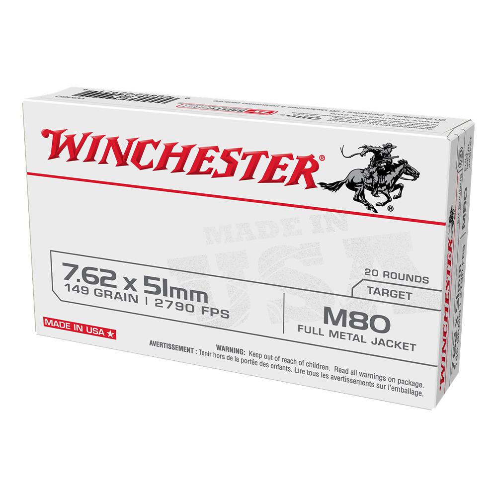 Winchester USA Lack City M80 Rifle Ammunition 7.62x51mm M80 149 gr. FMJ 2790 fps 20/ct - Winchester