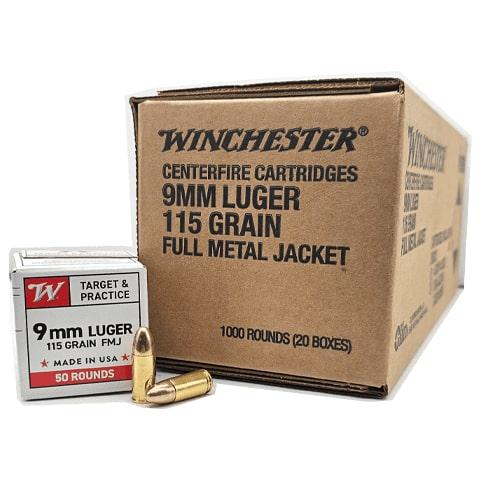 Winchester USA Target & Practice Handgun Ammunition 9mm Luger 115gr FMJ 1190 fps 1000/ct Case (20-50/ct Boxes) - Winchester