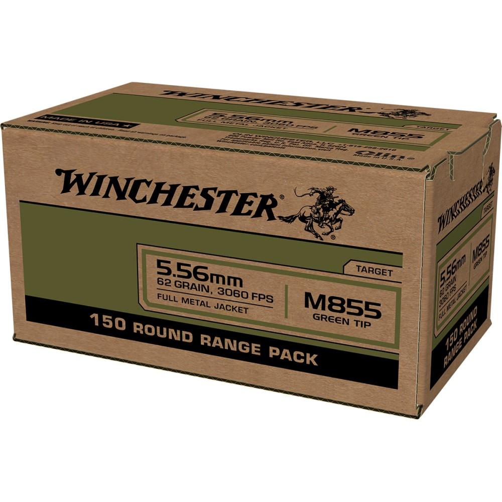 Winchester USA Lake City M855 Green Tip Rifle Ammunition 5.56mm 62 gr. FMJ 1255 fps 600/ct (Case of 4-150 Boxes) - Winchester