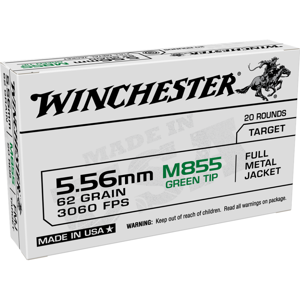 Winchester USA Lake City M855 Green Tip Rifle Ammunition 5.56mm 62 gr. FMJ 3060 fps 1000/ct Case (50-20rd Boxes) - Winchester