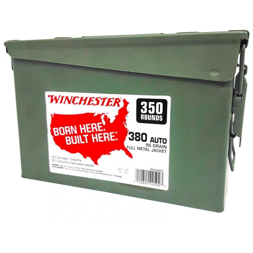 Winchester Reloadable Brass Case Handgun Ammunition .380 Auto 95 gr. FMJ 955 fps 350/ct Metal Can - Winchester