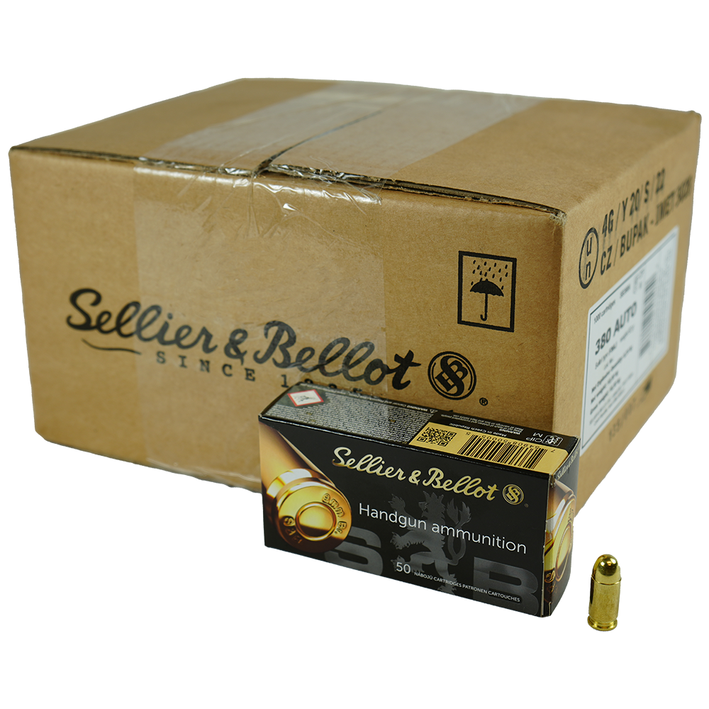 Sellier & Bellot Pistol & Revolver Ammo .380 ACP 92 gr FMJ 955fps 1000/ct Case (20 boxes 50/ct) - Sellier & Bellot